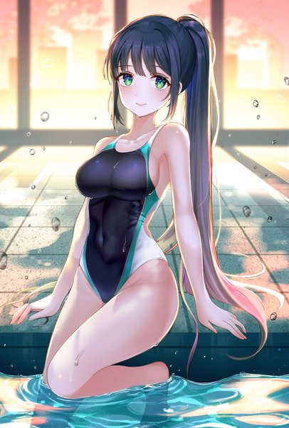 Anime picture 2711x4000 with original foka (beginner) single long hair tall image looking at viewer blush fringe highres breasts light erotic black hair smile large breasts sitting green eyes payot indoors blunt bangs arm support
