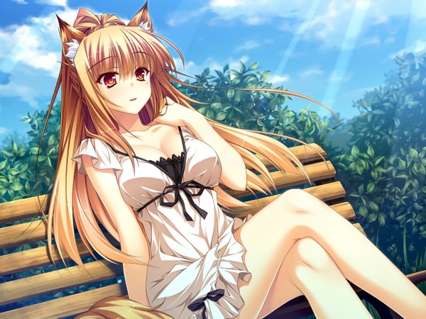 Anime picture 1600x1200 with otomimi infinity (game) miyama kon yasaka minato single long hair breasts open mouth blonde hair red eyes sitting game cg sky ponytail tail animal tail bare legs fox ears crossed legs fox tail fox girl