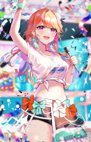 Anime picture 1440x2240 with virtual youtuber hololive hololive english takanashi kiara sowon single long hair tall image looking at viewer blush fringe breasts open mouth smile large breasts purple eyes blunt bangs :d arm up orange hair