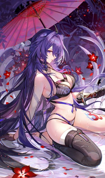 Anime picture 1800x3055 with honkai: star rail honkai (series) acheron (honkai: star rail) akizero1510 single tall image looking at viewer highres breasts light erotic large breasts sitting purple eyes purple hair very long hair profile underwear only partially submerged wariza girl