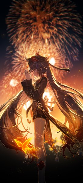 Anime-Bild 1792x3939 mit genshin impact hu tao (genshin impact) lengchan (fu626878068) single tall image highres brown hair standing twintails outdoors eyes closed very long hair profile hands clasped fireworks girl hat insect butterfly