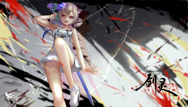Anime picture 1300x745 with blade & soul wangchuan de quanyan single looking at viewer fringe short hair breasts open mouth light erotic blonde hair red eyes wide image twintails bare shoulders holding signed animal ears cleavage ahoge bent knee (knees)