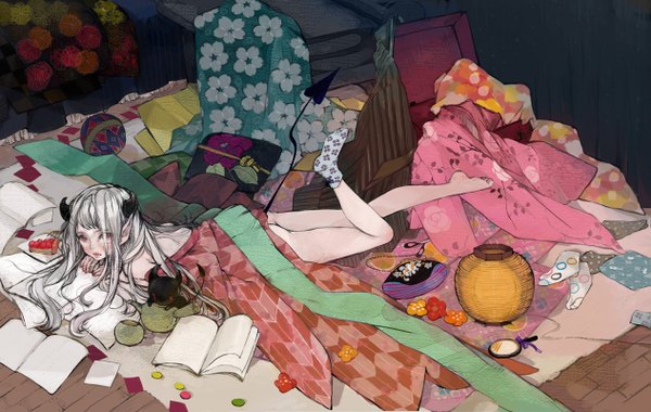 Anime picture 1263x800 with original nekosuke (jet) single long hair looking at viewer blush fringe light erotic bare shoulders ass lying nail polish traditional clothes japanese clothes pink eyes barefoot horn (horns) pointy ears grey hair off shoulder