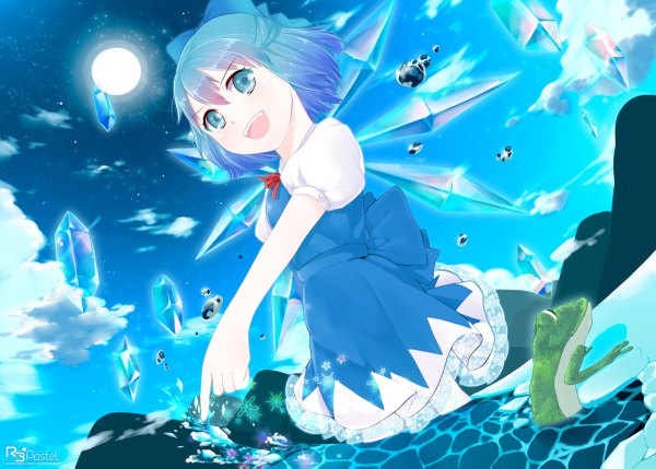 Anime picture 1200x859 with touhou cirno monicanc single short hair open mouth blue eyes blue hair cloud (clouds) night girl dress bow hair bow wings moon frog