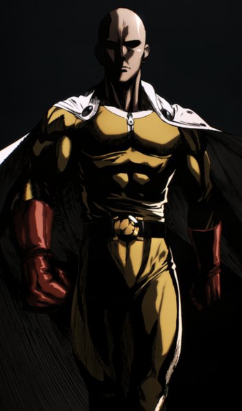 Anime picture 1280x2173 with one-punch man madhouse saitama (one-punch man) single tall image simple background black background shaded face muscle walking serious bald superhero screenshot boy gloves elbow gloves belt cape bodysuit