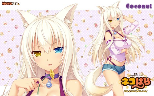 Anime picture 1920x1200 with neko paradise neko works (studio) coconut (sayori) single long hair looking at viewer fringe highres breasts light erotic blonde hair smile large breasts holding animal ears tail light smile character names fox ears heterochromia