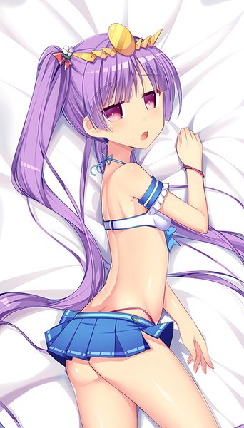 Anime picture 500x877 with puzzle & dragons yomi (p&d) amemiya ruki single tall image looking at viewer open mouth light erotic purple eyes twintails payot purple hair ass lying very long hair on side dakimakura (medium) girl hair ornament swimsuit