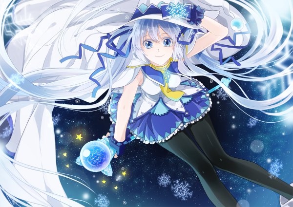 Anime picture 1199x850 with vocaloid suki! yuki! maji magic (vocaloid) hatsune miku yuki miku yuki miku (2014) kurisu takumi single looking at viewer blue eyes twintails blue hair very long hair treble clef girl dress ribbon (ribbons) hair ribbon hat pantyhose frills