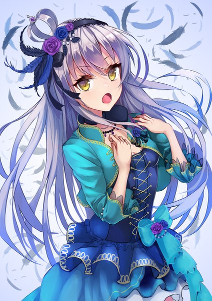 Anime picture 868x1228 with bang dream! minato yukina kuronosu (yamada1230) single long hair tall image looking at viewer blush fringe open mouth simple background hair between eyes standing yellow eyes silver hair floating hair hand on chest lacing singing girl