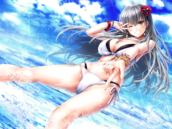 Anime picture 1200x900 with kantai collection suzuya heavy cruiser suien single long hair looking at viewer blush fringe breasts light erotic smile hair between eyes large breasts green eyes sky outdoors nail polish one eye closed hair flower fingernails