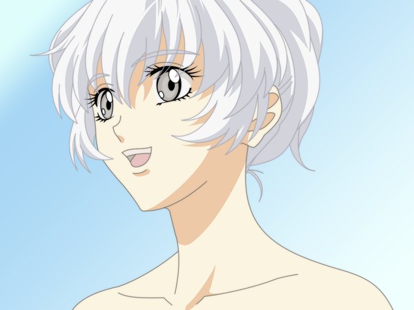 Anime picture 1600x1200 with full metal panic! gonzo teletha testarossa single open mouth simple background smile bare shoulders white hair grey eyes portrait blue background vector girl