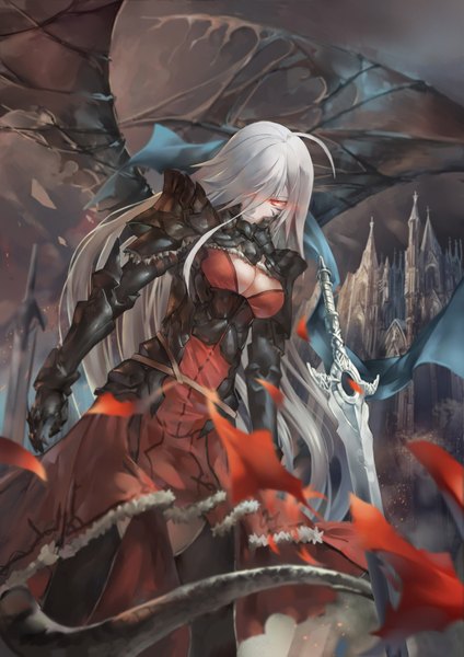 Anime picture 1600x2263 with original azomo single tall image fringe breasts light erotic red eyes large breasts holding looking away cleavage silver hair ahoge very long hair hair over one eye tattoo fur trim mouth hold glowing