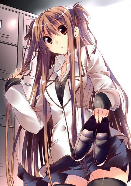 Anime picture 1000x1414 with original tororo inniina kuwashima rein single long hair tall image red eyes brown hair two side up girl skirt uniform school uniform miniskirt shoes