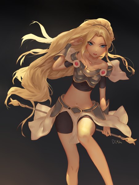 Anime picture 2480x3300 with league of legends lux (league of legends) dith single tall image highres blue eyes simple background blonde hair smile very long hair bare belly midriff black background girl navel