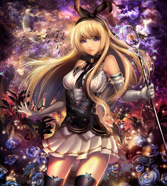 Anime picture 1782x1992 with original sangrde single long hair tall image highres blonde hair smile purple eyes cloud (clouds) lips night night sky magical girl girl thighhighs dress gloves flower (flowers) black thighhighs