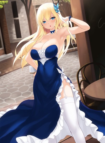Anime picture 760x1042 with boku wa tomodachi ga sukunai kashiwazaki sena cait single long hair tall image looking at viewer blush fringe breasts open mouth blue eyes light erotic blonde hair hair between eyes large breasts standing bare shoulders holding cleavage