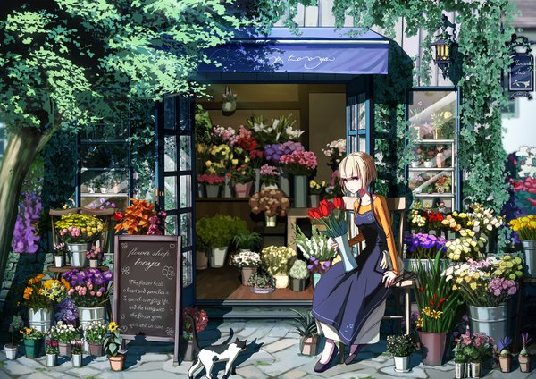 Anime picture 1415x1000 with original 108tooya looking at viewer fringe breasts blonde hair sitting purple eyes shadow girl gloves flower (flowers) plant (plants) animal tree (trees) rose (roses) apron cat sunflower lily (flower)