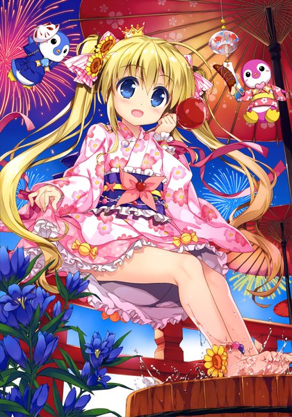 Anime-Bild 2871x4099 mit cardfight vanguard fujima takuya single long hair tall image blush highres open mouth blue eyes blonde hair twintails traditional clothes japanese clothes hair flower official art girl flower (flowers) bow hair bow animal