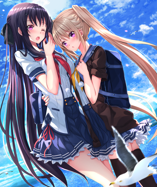 Anime picture 1102x1316 with ao no kanata no four rhythm sprite (company) arisaka mashiro tobisawa misaki swordsouls long hair tall image blush fringe breasts blonde hair standing twintails multiple girls looking away outdoors head tilt pleated skirt one eye closed wind