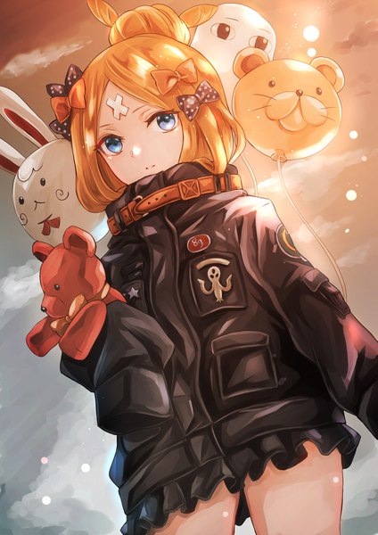 Anime picture 1061x1500 with fate (series) fate/grand order abigail williams (fate) fou (fate) medjed jan (lightdragoon) single long hair tall image looking at viewer blue eyes blonde hair standing holding sky cloud (clouds) outdoors parted lips pleated skirt light smile
