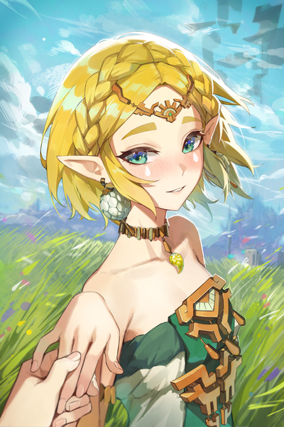 Anime picture 2000x3000 with the legend of zelda the legend of zelda: tears of the kingdom nintendo princess zelda maenoo tall image looking at viewer blush highres short hair blonde hair sky outdoors aqua eyes pointy ears holding hands solo focus girl plant (plants) earrings