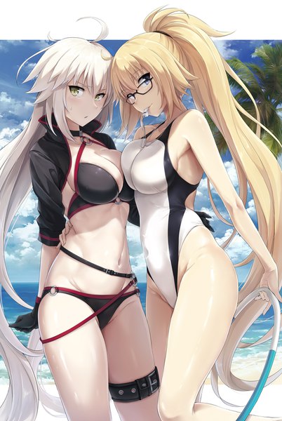 Anime picture 1224x1824 with fate (series) fate/grand order jeanne d'arc (fate) (all) jeanne d'arc alter (fate) jeanne d'arc alter (swimsuit berserker) (fate) jeanne d'arc (swimsuit archer) akita hika tall image looking at viewer blush fringe breasts blue eyes light erotic blonde hair hair between eyes large breasts standing multiple girls holding