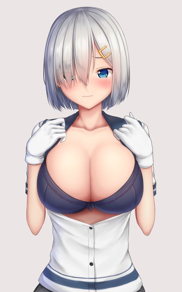 Anime picture 500x800 with kantai collection hamakaze destroyer tapisuke single tall image blush fringe short hair breasts blue eyes light erotic simple background large breasts cleavage silver hair upper body hair over one eye grey background open clothes girl