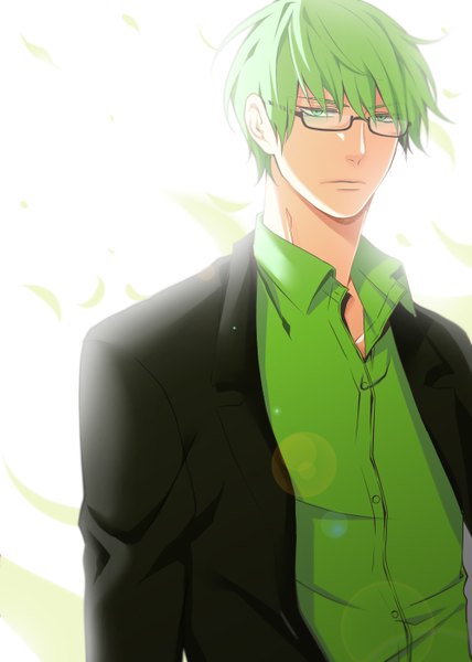 Anime picture 1000x1400 with kuroko no basket production i.g midorima shintarou zoe(pixiv id1720856) single tall image looking at viewer short hair simple background white background green eyes green hair wind open collar boy shirt glasses leaf (leaves) suit