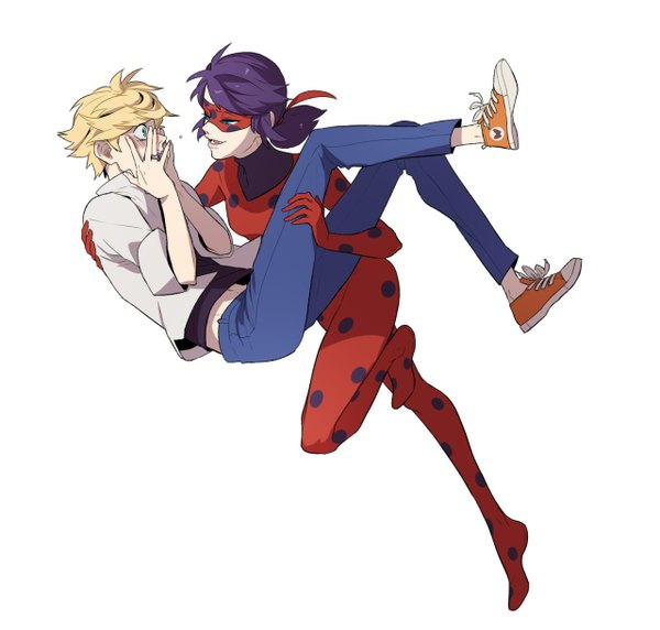 Anime picture 1280x1222 with miraculous ladybug marinette cheng adrien agreste ladybug (character) tagme (artist) long hair short hair open mouth blue eyes blonde hair simple background white background twintails green eyes purple hair bent knee (knees) parted lips embarrassed couple low twintails