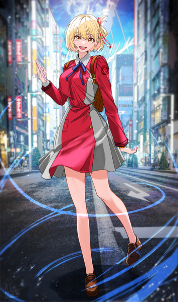 Anime picture 2365x4000 with lycoris recoil nishikigi chisato tokishima sikuka single tall image looking at viewer fringe highres short hair open mouth blonde hair hair between eyes standing yellow eyes full body outdoors :d city standing on one leg alternate eye color
