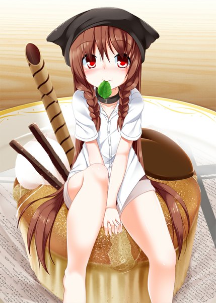 Anime picture 715x1000 with original tenihaba nana shirasu youichi single long hair tall image blush fringe red eyes brown hair sitting twintails bent knee (knees) braid (braids) barefoot bare legs no shoes twin braids girl shirt