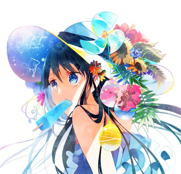 Anime picture 1425x1369 with original omutatsu single long hair blue eyes black hair simple background white background holding looking away mouth hold eating girl dress flower (flowers) plant (plants) hat animal food sweets