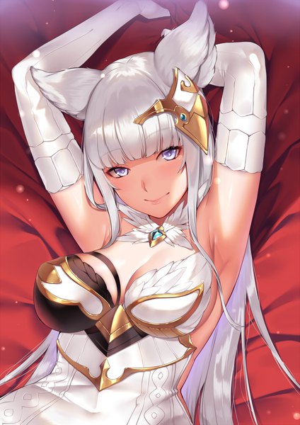 Anime picture 706x1000 with granblue fantasy korwa (granblue fantasy) deras single long hair tall image looking at viewer blush fringe breasts blue eyes light erotic smile large breasts animal ears cleavage silver hair upper body lying blunt bangs
