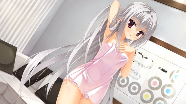 Anime picture 1280x720 with dracu-riot! yuzusoft elena olegovna owen kobuichi long hair looking at viewer blush open mouth light erotic red eyes wide image game cg silver hair no bra :o hand on chest naked towel girl couch towel