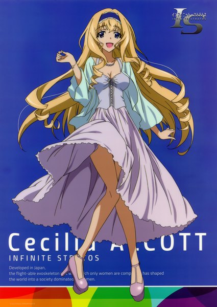 Anime picture 2771x3914 with infinite stratos 8bit cecilia orcott single long hair tall image looking at viewer highres open mouth blue eyes blonde hair scan official art drill hair blue background girl dress hairband