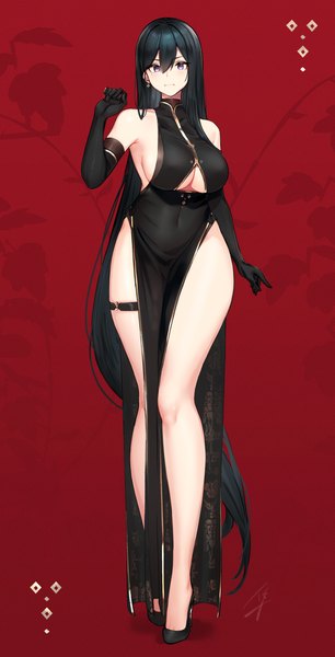 Anime picture 780x1528 with original classy-black-haired girl (hayabusa) hayabusa single tall image looking at viewer blush fringe breasts light erotic black hair hair between eyes large breasts standing purple eyes bare shoulders payot full body bent knee (knees) very long hair