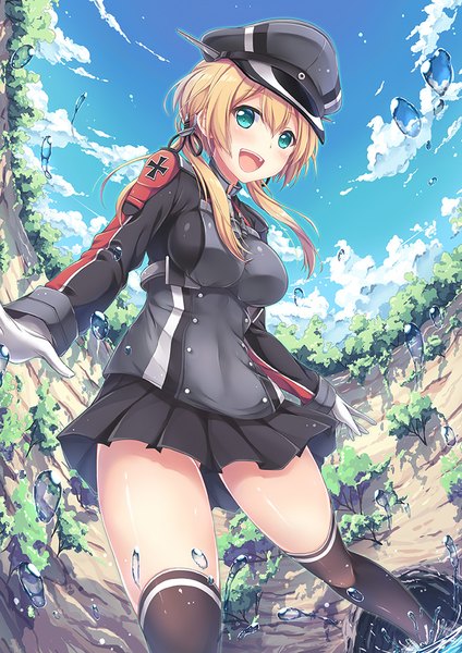 Anime picture 707x1000 with kantai collection prinz eugen (kantai collection) shirakawako single long hair tall image blush open mouth blue eyes light erotic blonde hair twintails sky cloud (clouds) girl thighhighs skirt black thighhighs miniskirt bubble (bubbles)