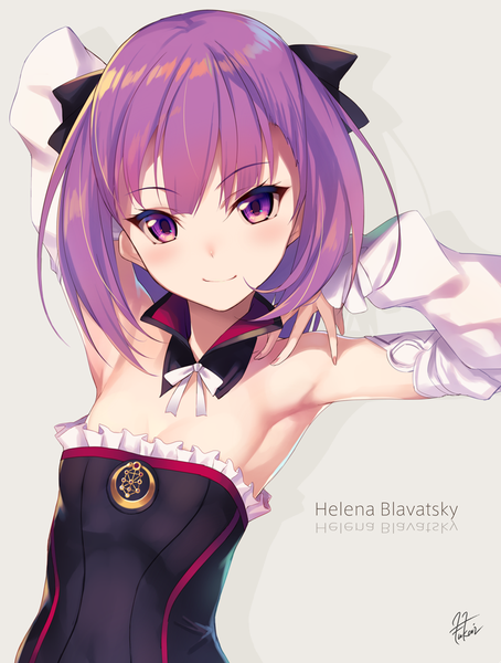 Anime picture 765x1010 with fate (series) fate/grand order helena blavatsky (fate) fukai ryosuke single tall image looking at viewer short hair light erotic simple background smile purple eyes signed purple hair upper body grey background arms up shadow character names flat chest