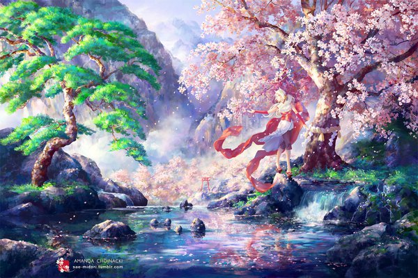 Anime picture 1404x936 with original sae-midori single long hair standing signed white hair wind cherry blossoms outstretched arm reflection mountain river nature girl ribbon (ribbons) plant (plants) hair ribbon petals tree (trees)