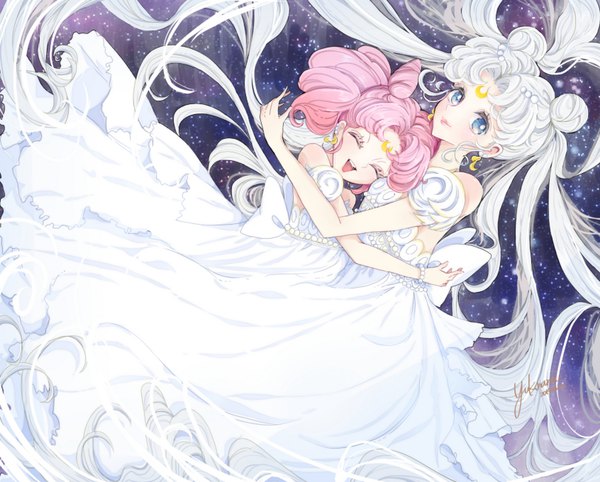 Anime picture 846x680 with bishoujo senshi sailor moon toei animation tsukino usagi chibiusa princess serenity princess usagi small lady yukinami (paru26i) looking at viewer short hair open mouth blue eyes smile twintails multiple girls signed pink hair silver hair eyes closed very long hair hair bun (hair buns)