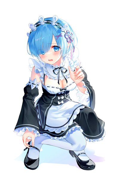Anime picture 2612x4000 with re:zero kara hajimeru isekai seikatsu white fox rem (re:zero) kh (kh 1128) single tall image looking at viewer blush fringe highres short hair breasts open mouth blue eyes blue hair cleavage long sleeves hair over one eye wide sleeves maid
