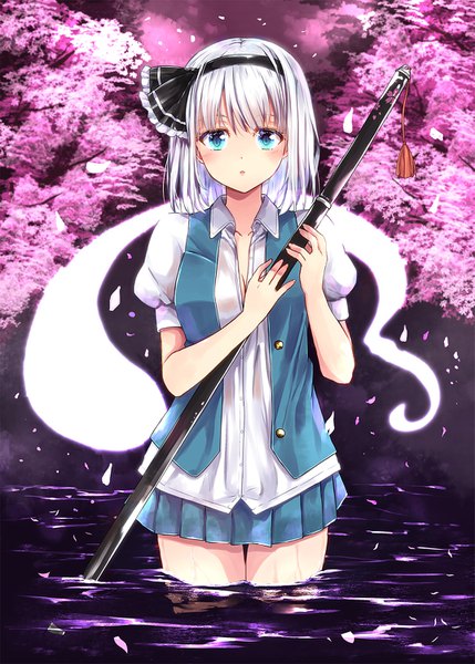 Anime picture 1073x1500 with touhou konpaku youmu myon fule single tall image looking at viewer blush short hair blue eyes standing silver hair outdoors puffy sleeves partially submerged cherry blossoms wet clothes girl skirt ribbon (ribbons)