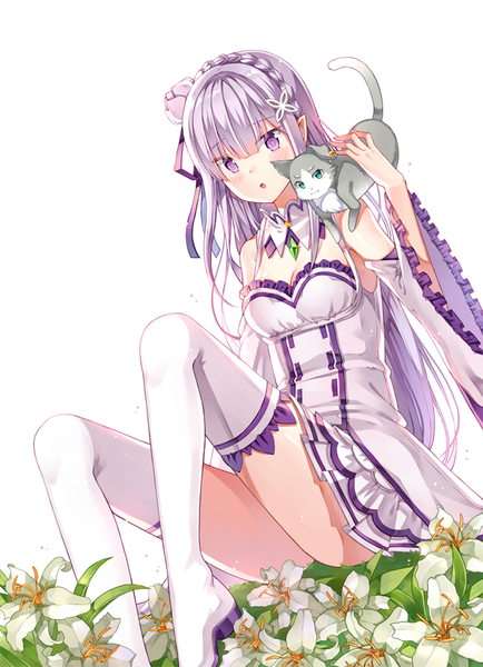 Anime picture 600x829 with re:zero kara hajimeru isekai seikatsu white fox emilia (re:zero) puck (re:zero) diten long hair tall image blush open mouth light erotic white background sitting purple eyes looking away silver hair hair flower pointy ears animal on shoulder girl thighhighs