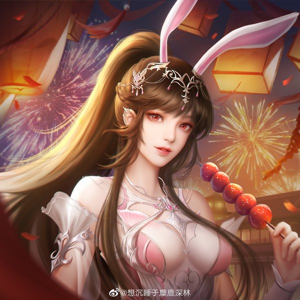 Anime picture 2000x2000 with douluo continent xiao wu xiang chenshui yu milu shenlin single long hair looking at viewer fringe highres breasts smile red eyes brown hair bare shoulders holding animal ears payot upper body ponytail parted lips realistic
