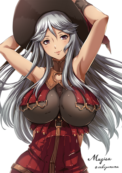 Anime picture 800x1131 with granblue fantasy magisa (granblue fantasy) sakiyamama single long hair tall image looking at viewer blush fringe breasts light erotic simple background smile hair between eyes standing white background brown eyes signed silver hair arms up