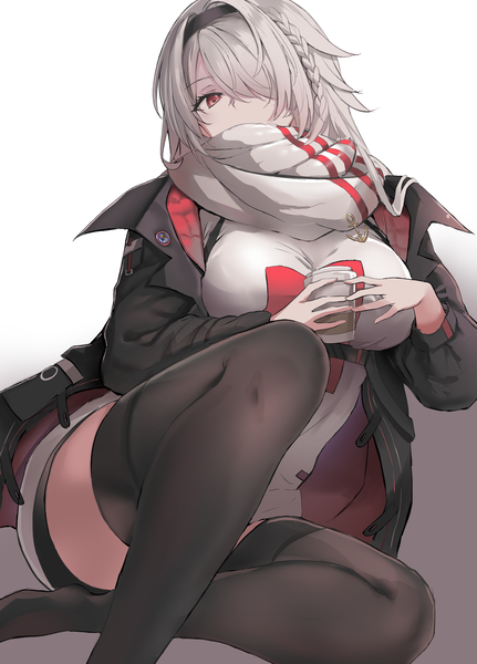 Anime picture 1686x2345 with azur lane colorado (azur lane) colorado (traveling melody) (azur lane) liaowen single long hair tall image looking at viewer fringe breasts light erotic simple background red eyes large breasts sitting silver hair bent knee (knees) braid (braids) long sleeves head tilt