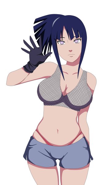 Anime picture 2024x3700 with naruto studio pierrot naruto (series) hyuuga hinata single tall image highres short hair light erotic simple background white background purple eyes bare shoulders blue hair cleavage ponytail midriff alternate hairstyle hair up girl