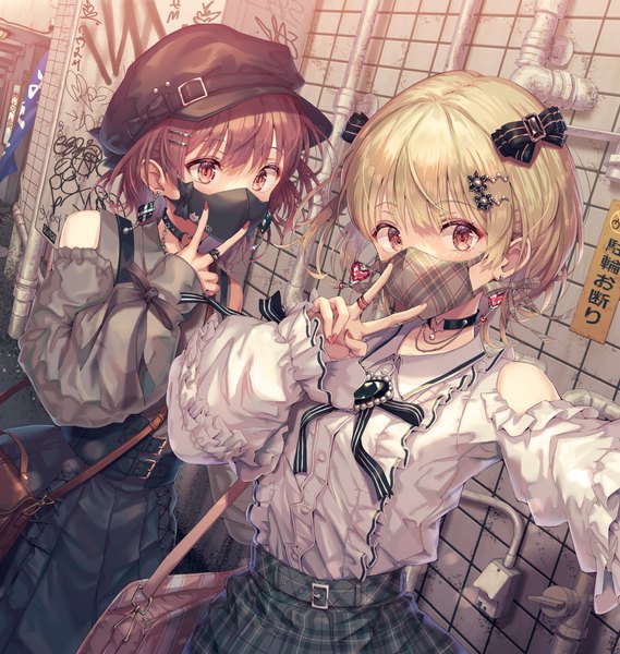 Anime picture 1175x1240 with original hirokazu (analysis-depth) tall image looking at viewer blush fringe short hair blonde hair brown hair standing bare shoulders multiple girls looking away outdoors indoors long sleeves nail polish fingernails sleeves past wrists plaid skirt