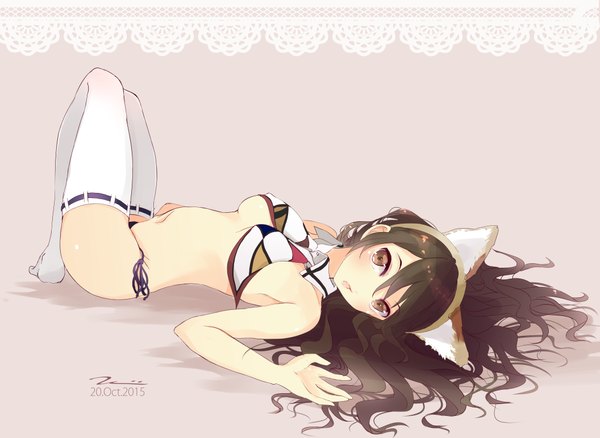 Anime picture 2111x1544 with kantai collection ashigara heavy cruiser tebi (tbd11) single long hair looking at viewer blush fringe highres breasts open mouth light erotic simple background brown hair brown eyes signed animal ears bent knee (knees) lying cat ears