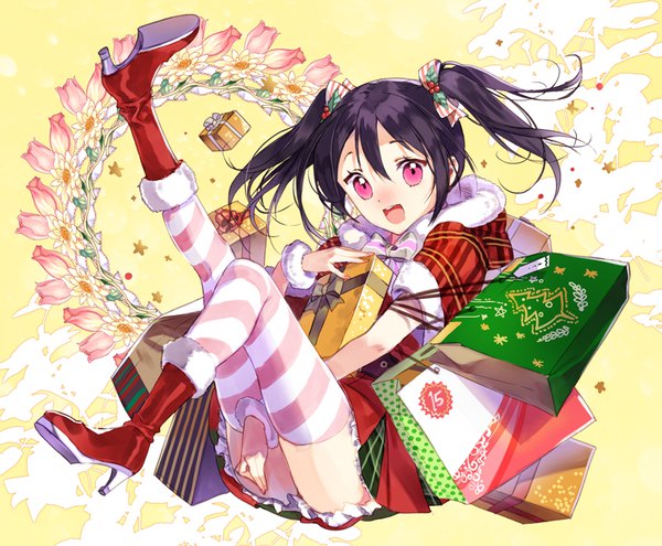 Anime picture 800x660 with love live! school idol project sunrise (studio) love live! yazawa nico macciatto (aciel02) single long hair open mouth light erotic black hair twintails full body pink eyes high heels christmas leg lift (legs lift) girl thighhighs flower (flowers) striped thighhighs